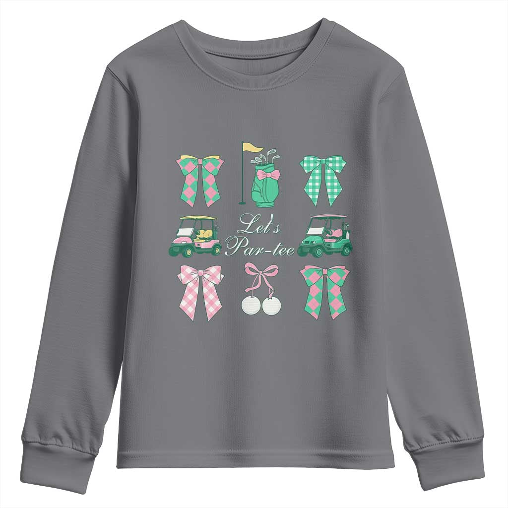 Lets Par-tee Coquette Golf Bows Youth Sweatshirt Preppy Pink and Green Golf Cart n Bag Golfing Lover Club