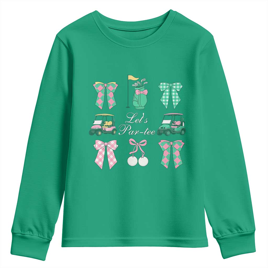 Lets Par-tee Coquette Golf Bows Youth Sweatshirt Preppy Pink and Green Golf Cart n Bag Golfing Lover Club