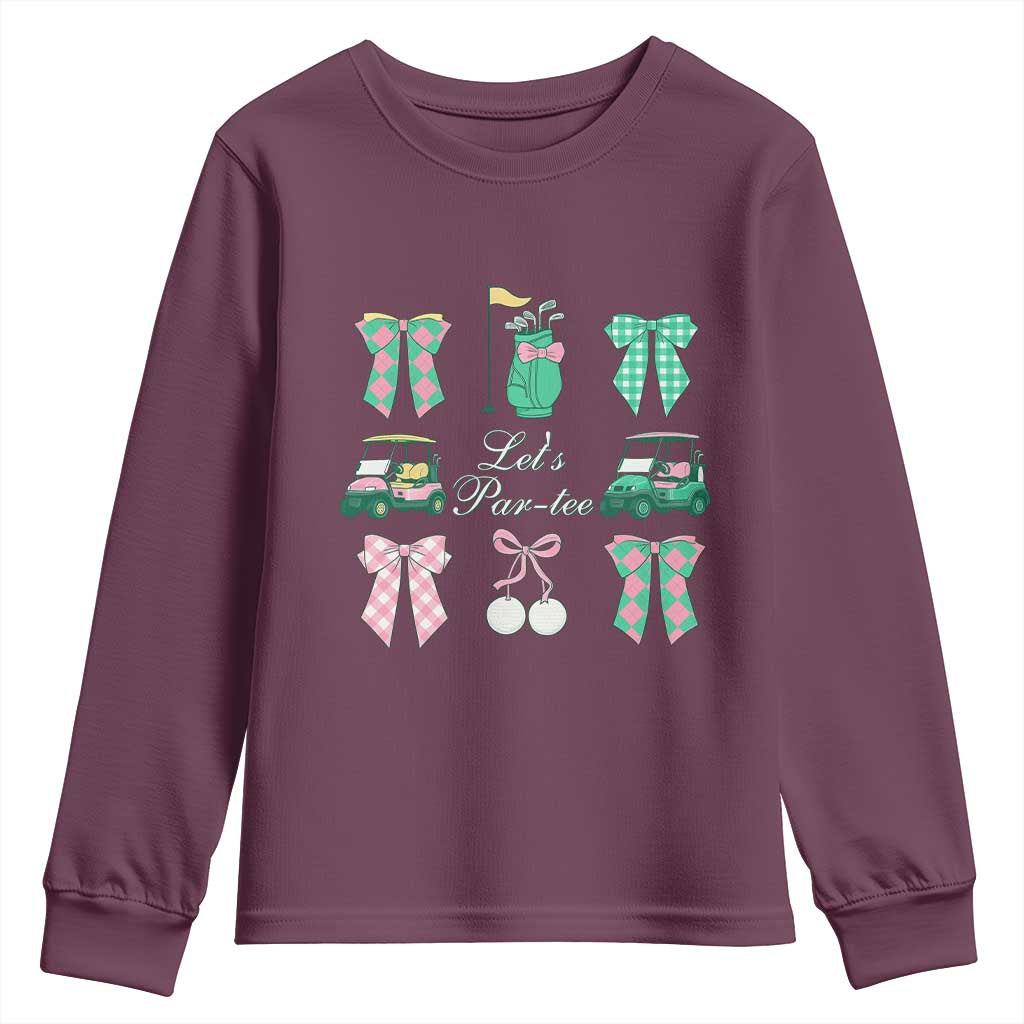 Lets Par-tee Coquette Golf Bows Youth Sweatshirt Preppy Pink and Green Golf Cart n Bag Golfing Lover Club