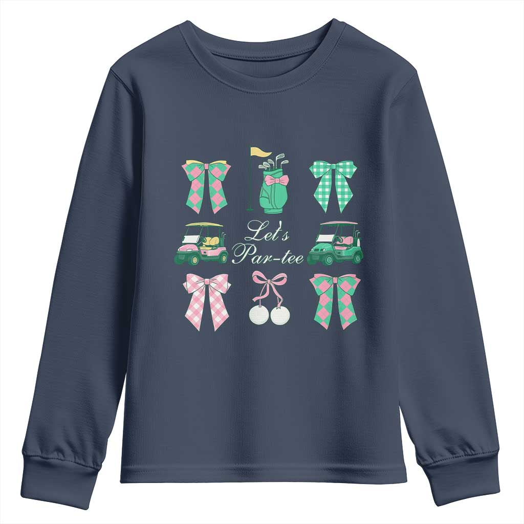 Lets Par-tee Coquette Golf Bows Youth Sweatshirt Preppy Pink and Green Golf Cart n Bag Golfing Lover Club