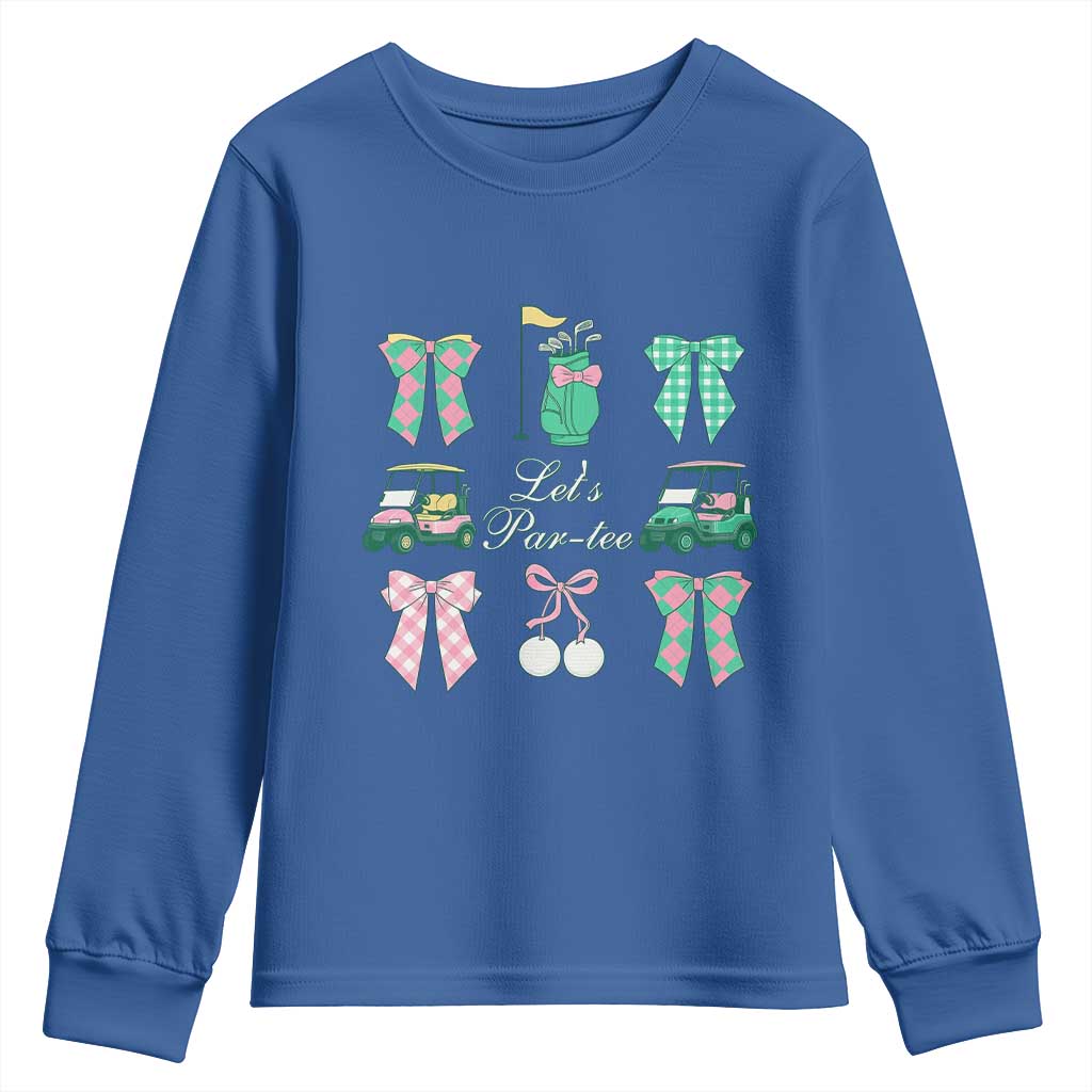 Lets Par-tee Coquette Golf Bows Youth Sweatshirt Preppy Pink and Green Golf Cart n Bag Golfing Lover Club