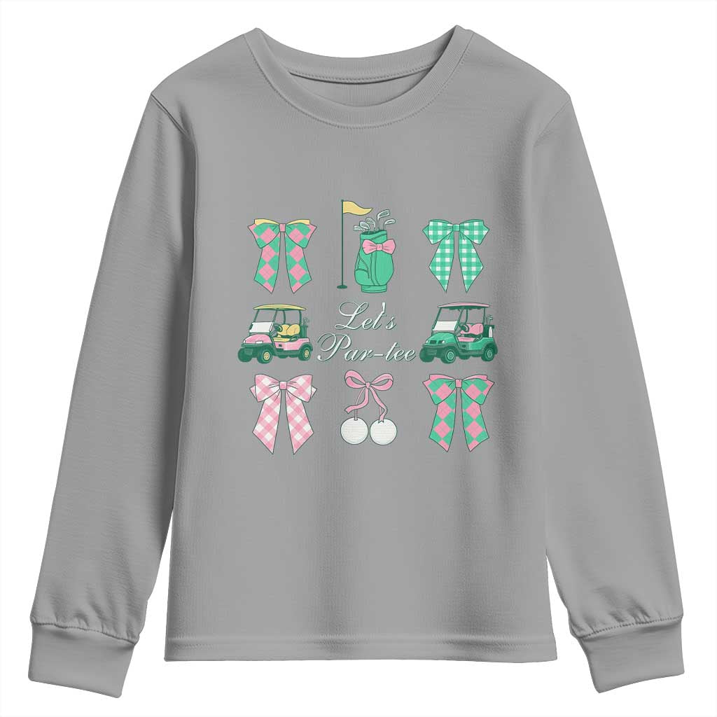 Lets Par-tee Coquette Golf Bows Youth Sweatshirt Preppy Pink and Green Golf Cart n Bag Golfing Lover Club