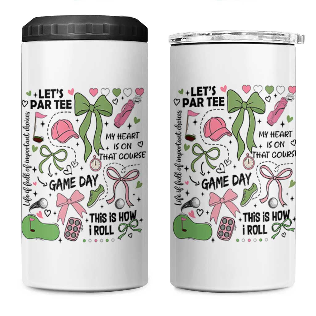 Lets Par-tee Coquette Golf Bows 4 in 1 Can Cooler Tumbler Pink and Green Gear Girls Game Day Golfing Tradition