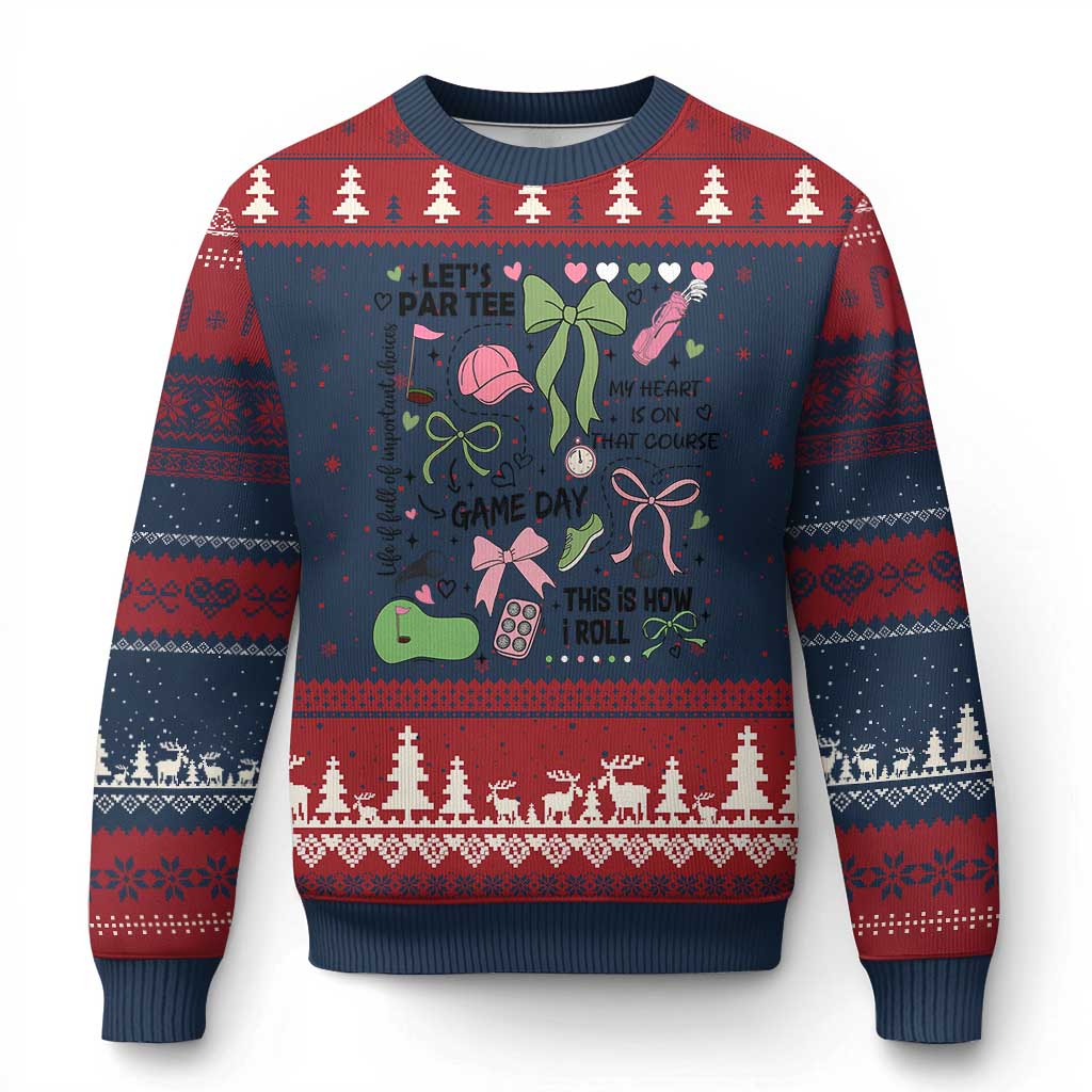 Lets Par-tee Coquette Golf Bows Ugly Christmas Sweater Pink and Green Gear Girls Game Day Golfing Tradition