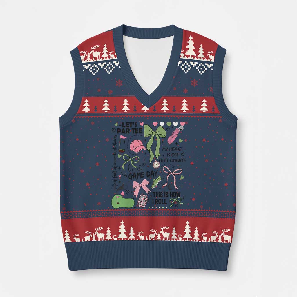Lets Par-tee Coquette Golf Bows V-Neck Knit Sweater Vest Pink and Green Gear Girls Game Day Golfing Tradition