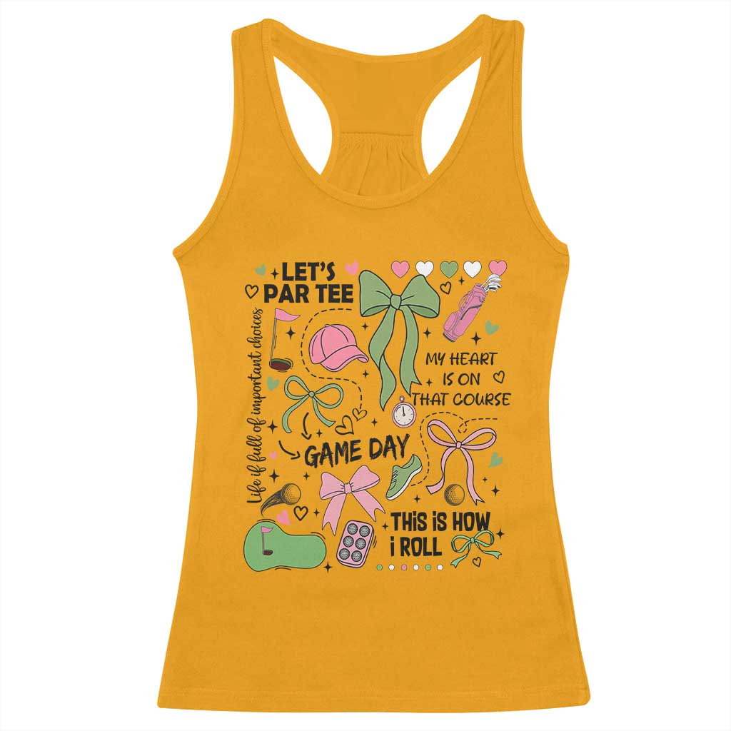 Lets Par-tee Coquette Golf Bows Racerback Tank Top Pink and Green Gear Girls Game Day Golfing Tradition