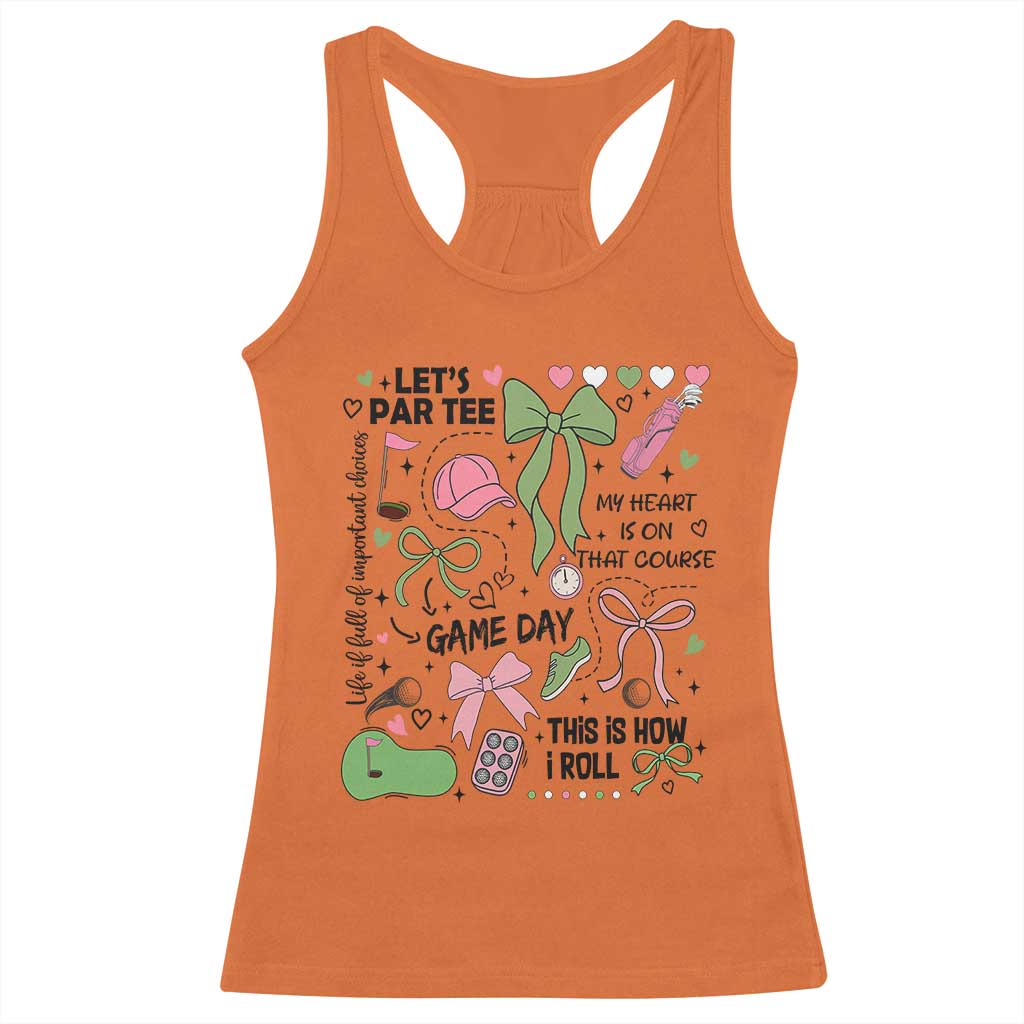 Lets Par-tee Coquette Golf Bows Racerback Tank Top Pink and Green Gear Girls Game Day Golfing Tradition