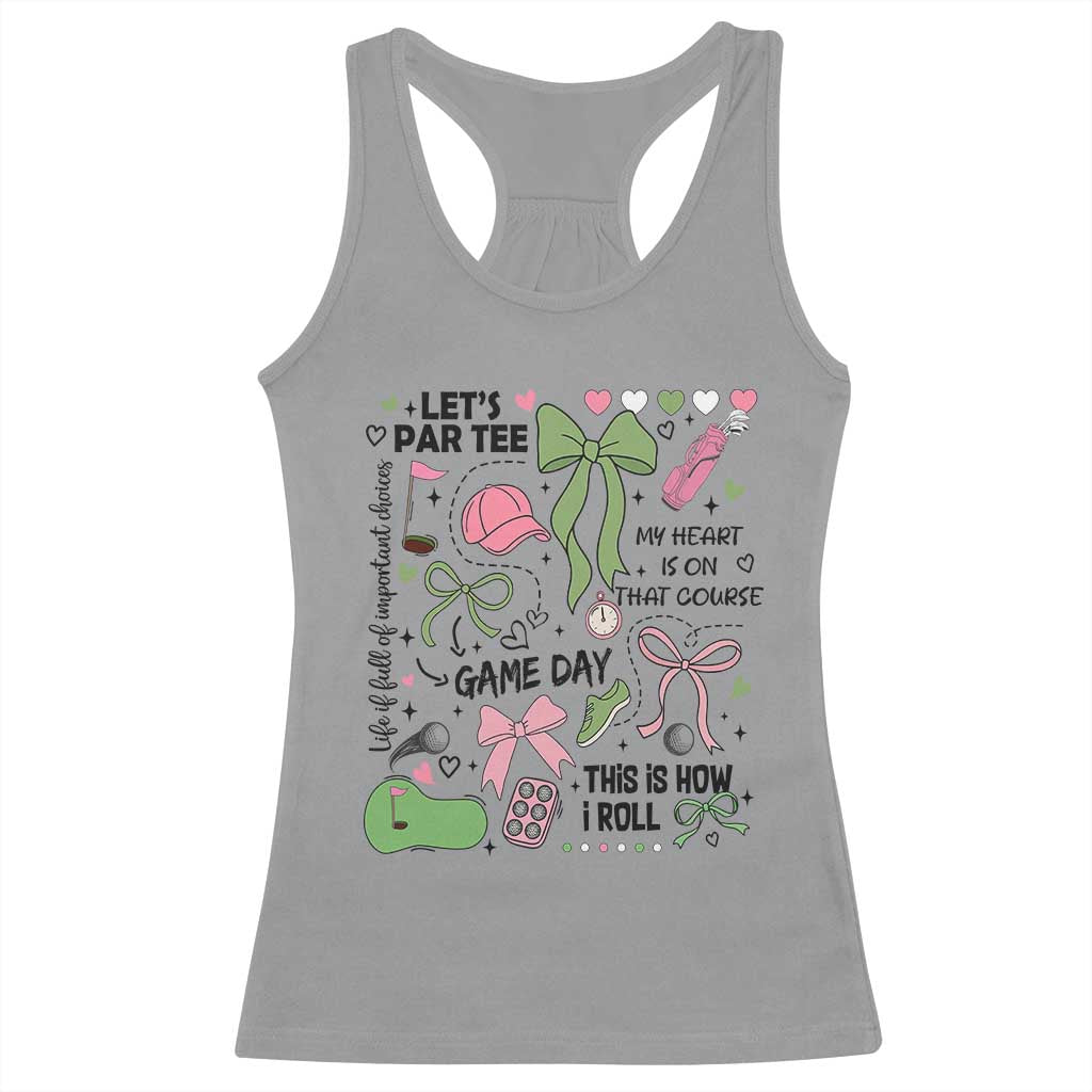 Lets Par-tee Coquette Golf Bows Racerback Tank Top Pink and Green Gear Girls Game Day Golfing Tradition