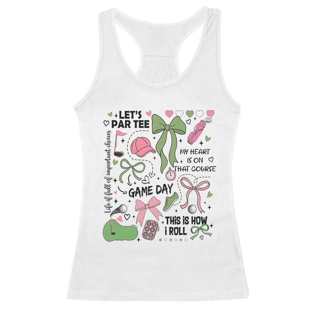 Lets Par-tee Coquette Golf Bows Racerback Tank Top Pink and Green Gear Girls Game Day Golfing Tradition