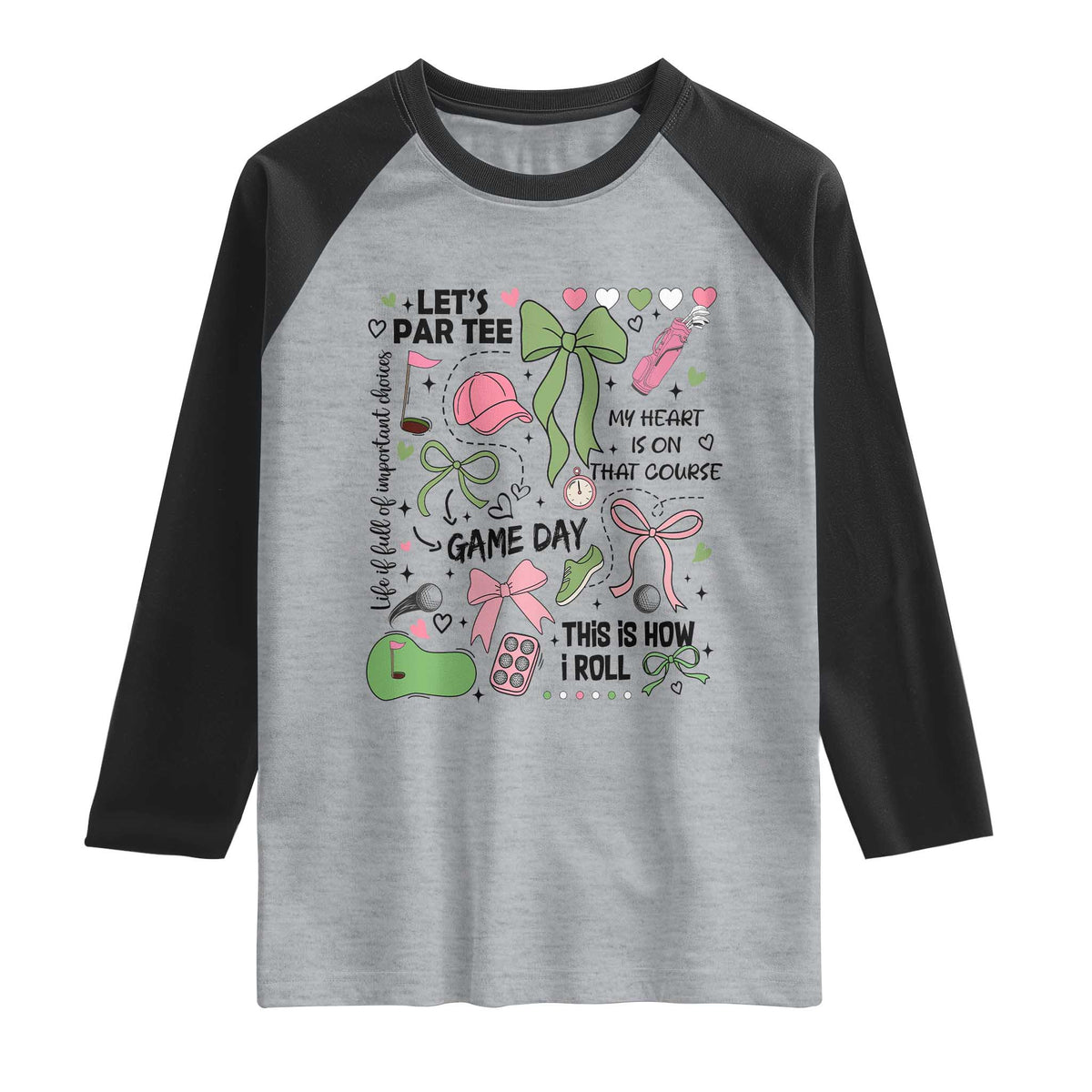 Lets Par-tee Coquette Golf Bows Raglan Shirt Pink and Green Gear Girls Game Day Golfing Tradition