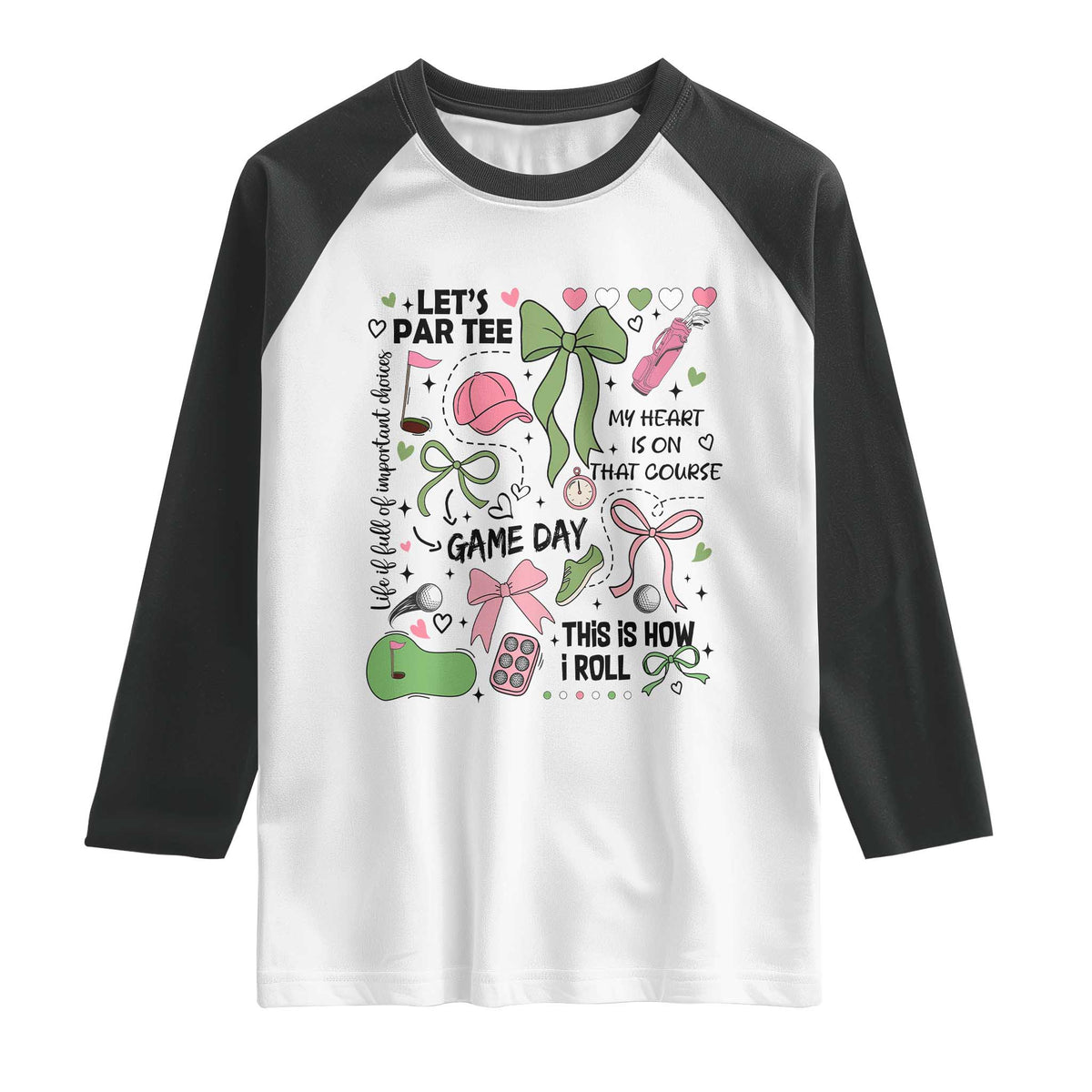 Lets Par-tee Coquette Golf Bows Raglan Shirt Pink and Green Gear Girls Game Day Golfing Tradition