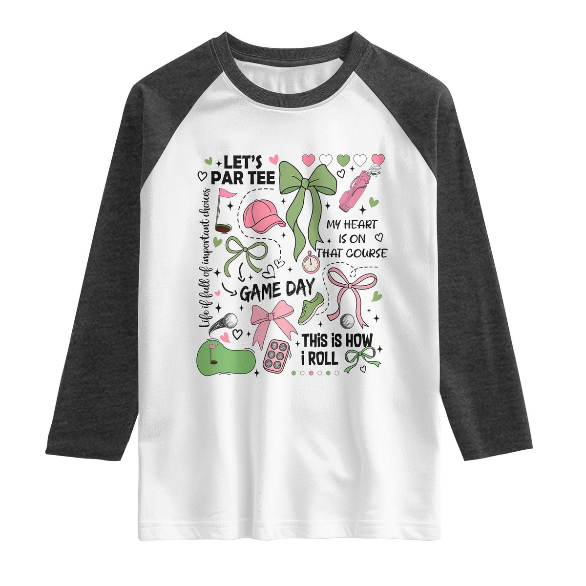 Lets Par-tee Coquette Golf Bows Raglan Shirt Pink and Green Gear Girls Game Day Golfing Tradition