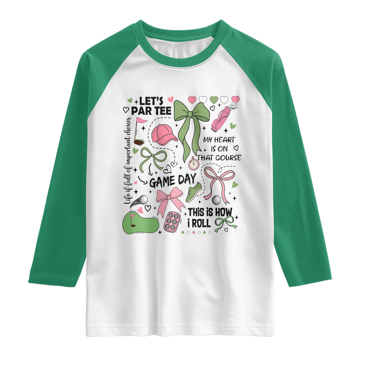 Lets Par-tee Coquette Golf Bows Raglan Shirt Pink and Green Gear Girls Game Day Golfing Tradition