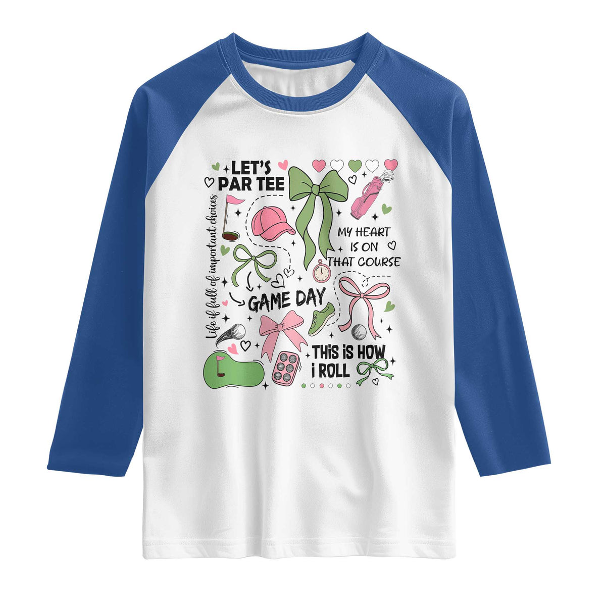 Lets Par-tee Coquette Golf Bows Raglan Shirt Pink and Green Gear Girls Game Day Golfing Tradition