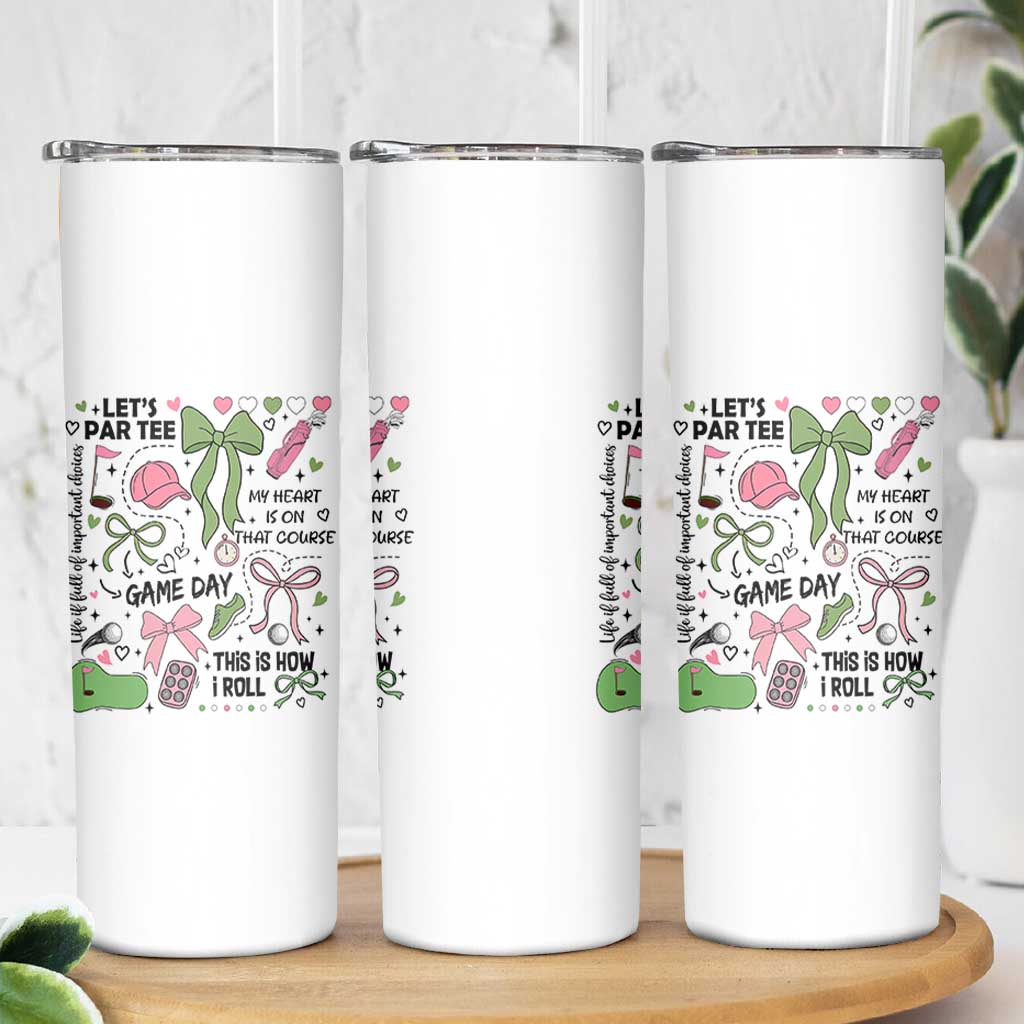 Lets Par-tee Coquette Golf Bows Skinny Tumbler Pink and Green Gear Girls Game Day Golfing Tradition