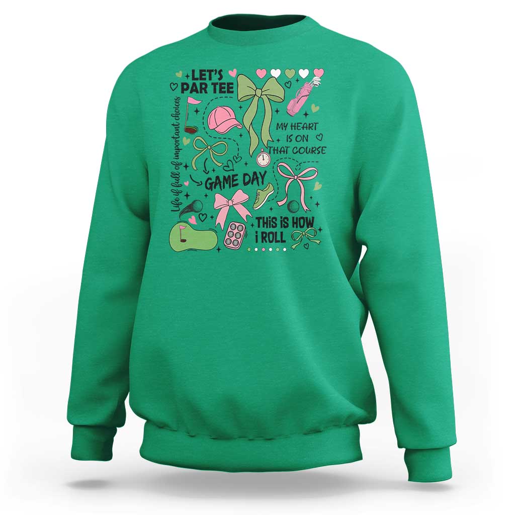 Lets Par-tee Coquette Golf Bows Sweatshirt Pink and Green Gear Girls Game Day Golfing Tradition