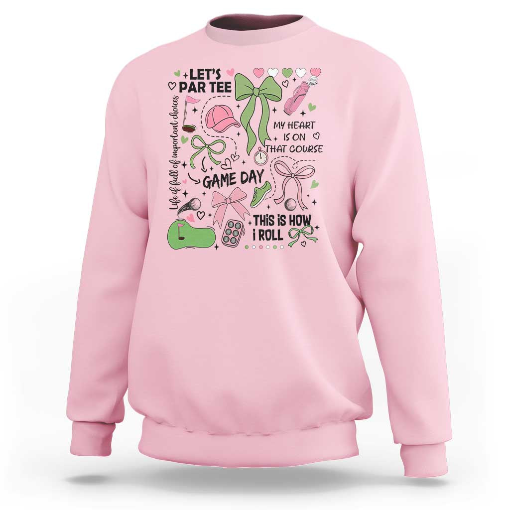 Lets Par-tee Coquette Golf Bows Sweatshirt Pink and Green Gear Girls Game Day Golfing Tradition