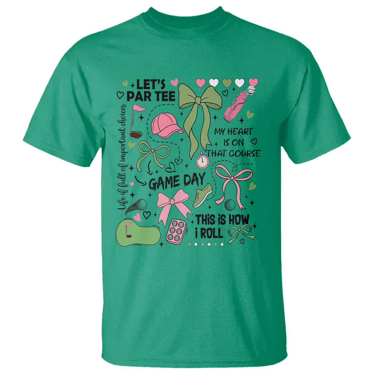 Lets Par-tee Coquette Golf Bows T Shirt Pink and Green Gear Girls Game Day Golfing Tradition