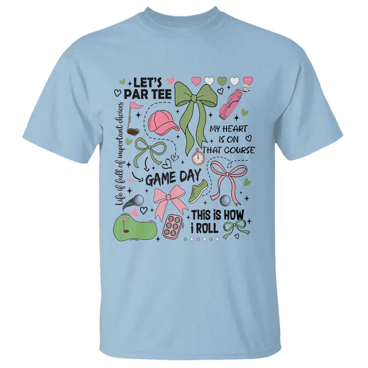 Lets Par-tee Coquette Golf Bows T Shirt Pink and Green Gear Girls Game Day Golfing Tradition