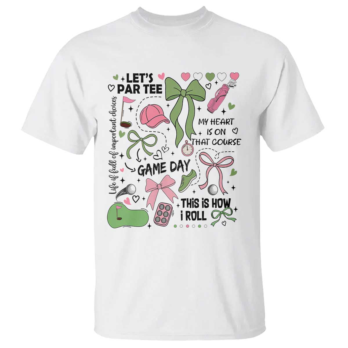 Lets Par-tee Coquette Golf Bows T Shirt Pink and Green Gear Girls Game Day Golfing Tradition