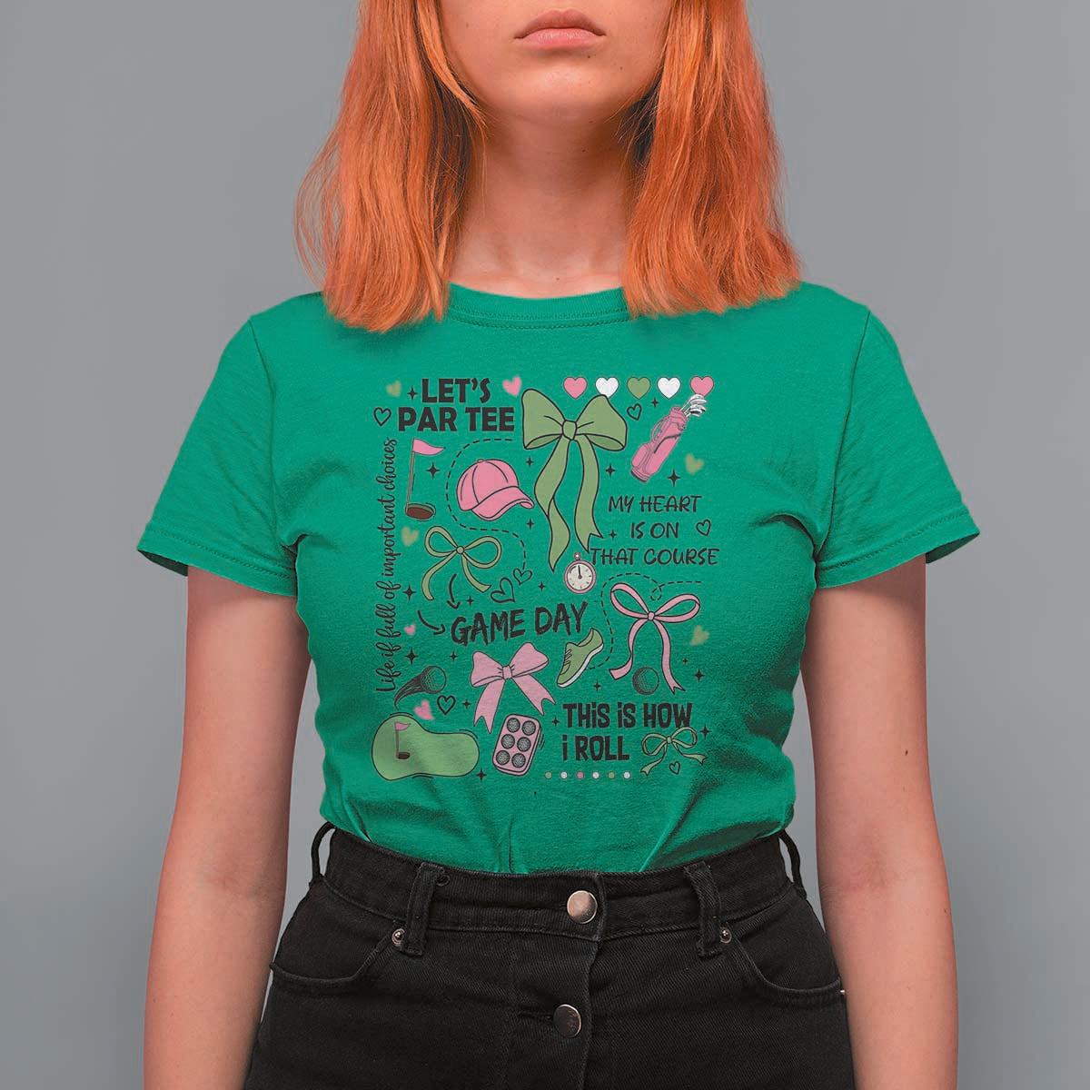 Lets Par-tee Coquette Golf Bows T Shirt For Women Pink and Green Gear Girls Game Day Golfing Tradition