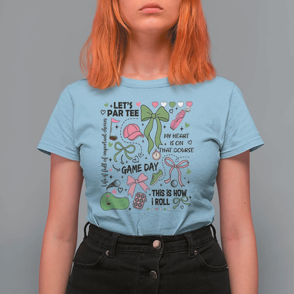 Lets Par-tee Coquette Golf Bows T Shirt For Women Pink and Green Gear Girls Game Day Golfing Tradition