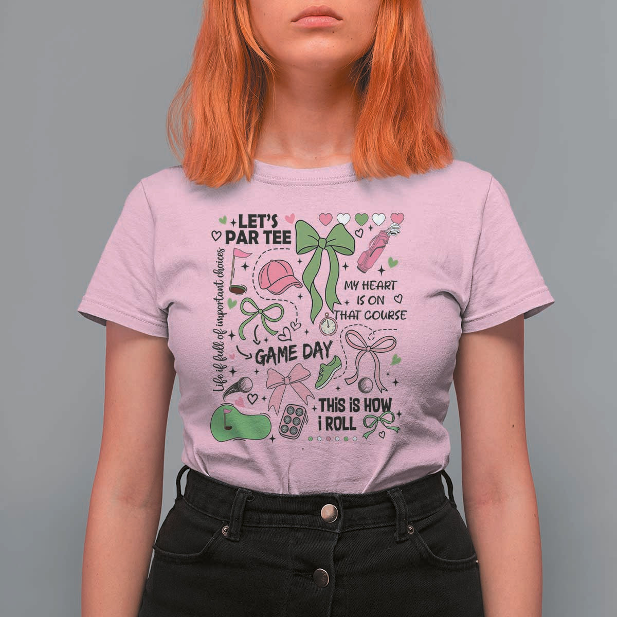Lets Par-tee Coquette Golf Bows T Shirt For Women Pink and Green Gear Girls Game Day Golfing Tradition