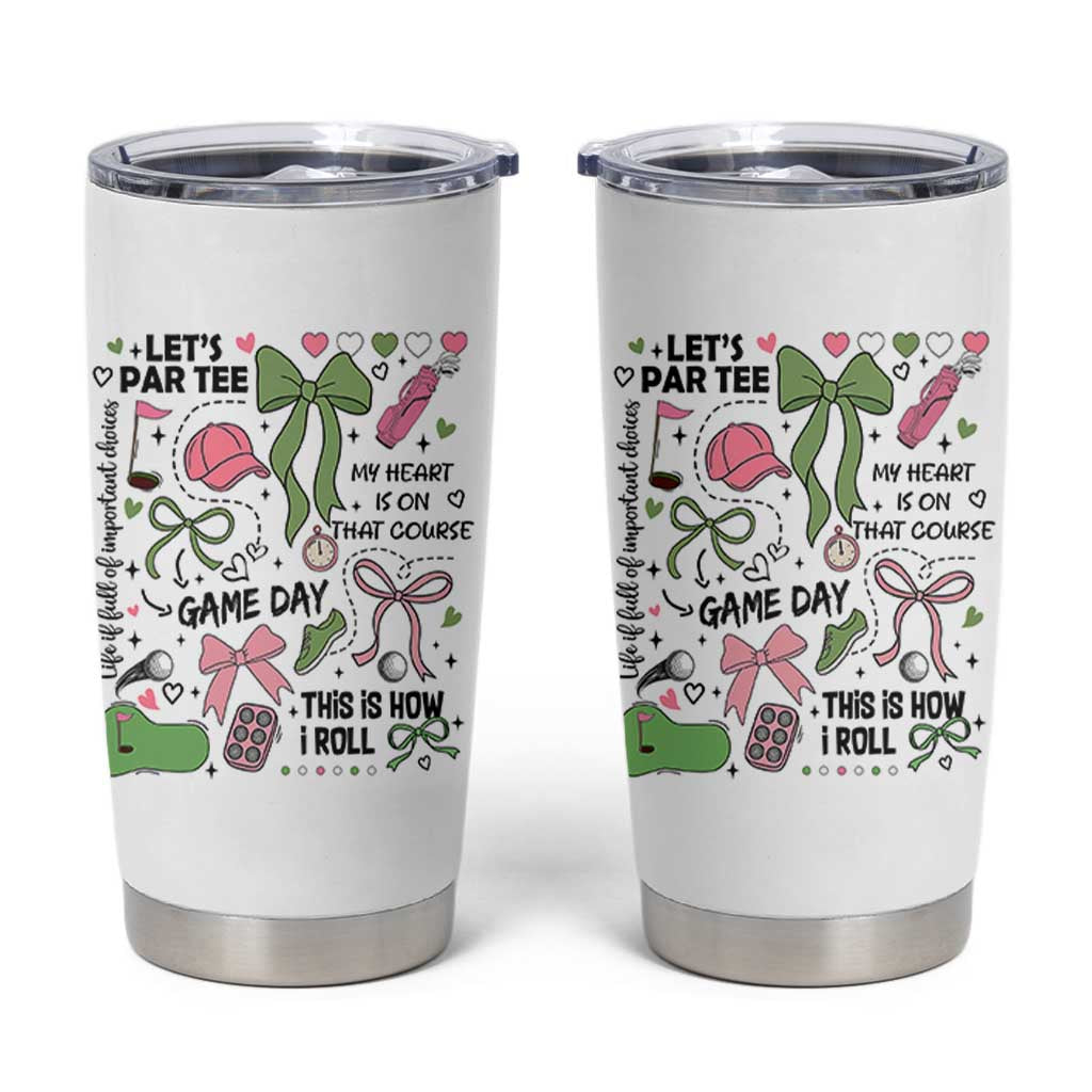 Lets Par-tee Coquette Golf Bows Tumbler Cup Pink and Green Gear Girls Game Day Golfing Tradition