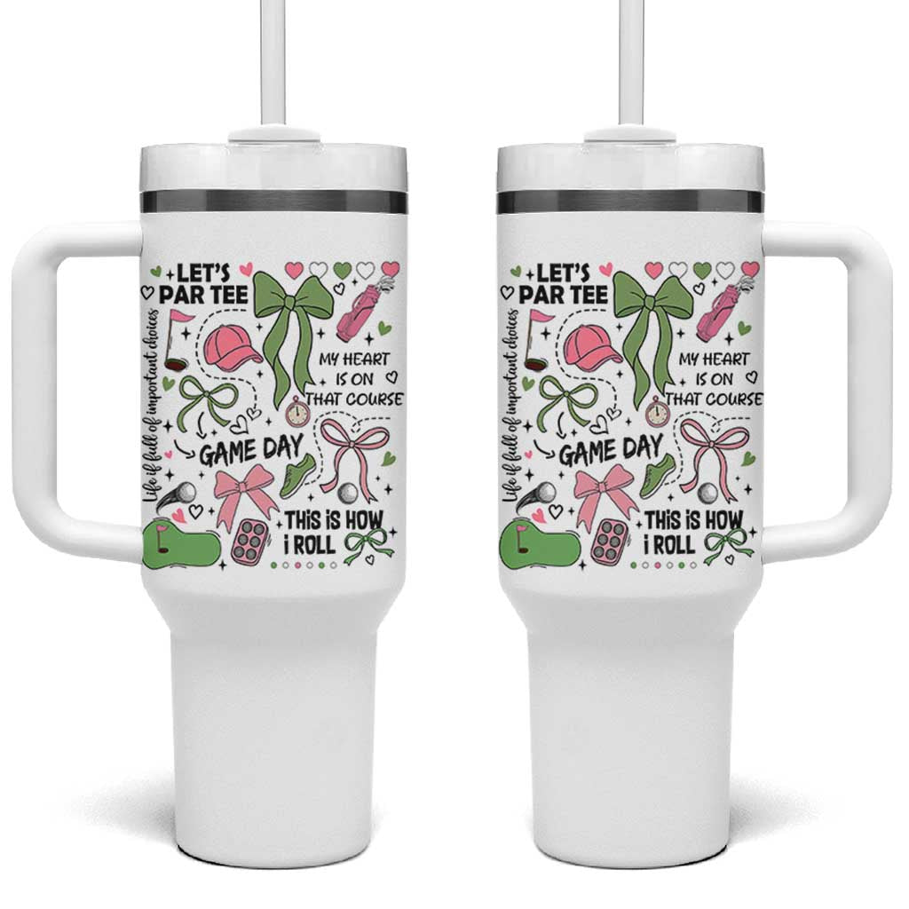 Lets Par-tee Coquette Golf Bows Tumbler With Handle Pink and Green Gear Girls Game Day Golfing Tradition