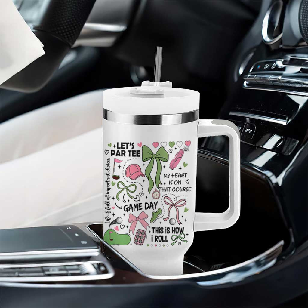 Lets Par-tee Coquette Golf Bows Tumbler With Handle Pink and Green Gear Girls Game Day Golfing Tradition