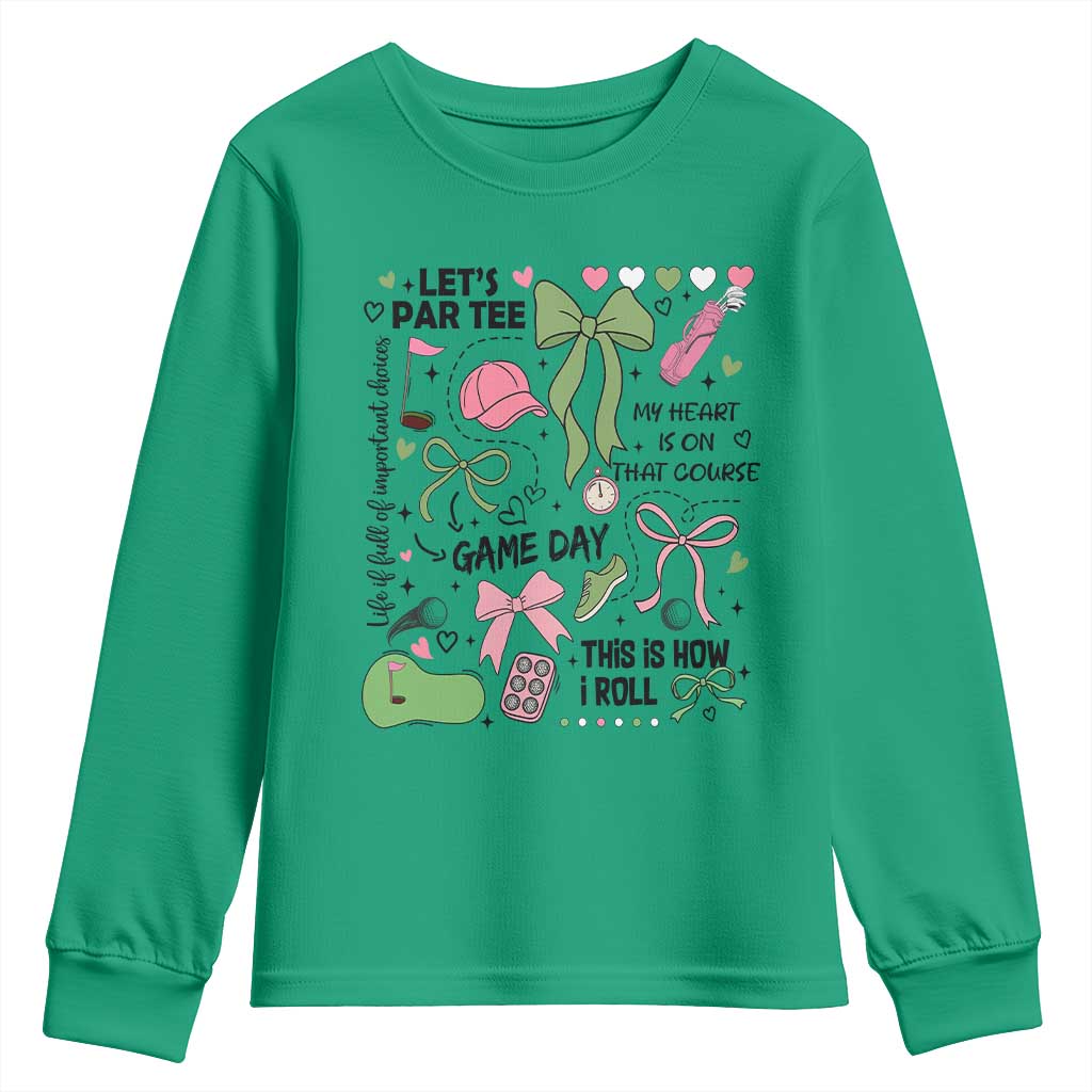 Lets Par-tee Coquette Golf Bows Youth Sweatshirt Pink and Green Gear Girls Game Day Golfing Tradition