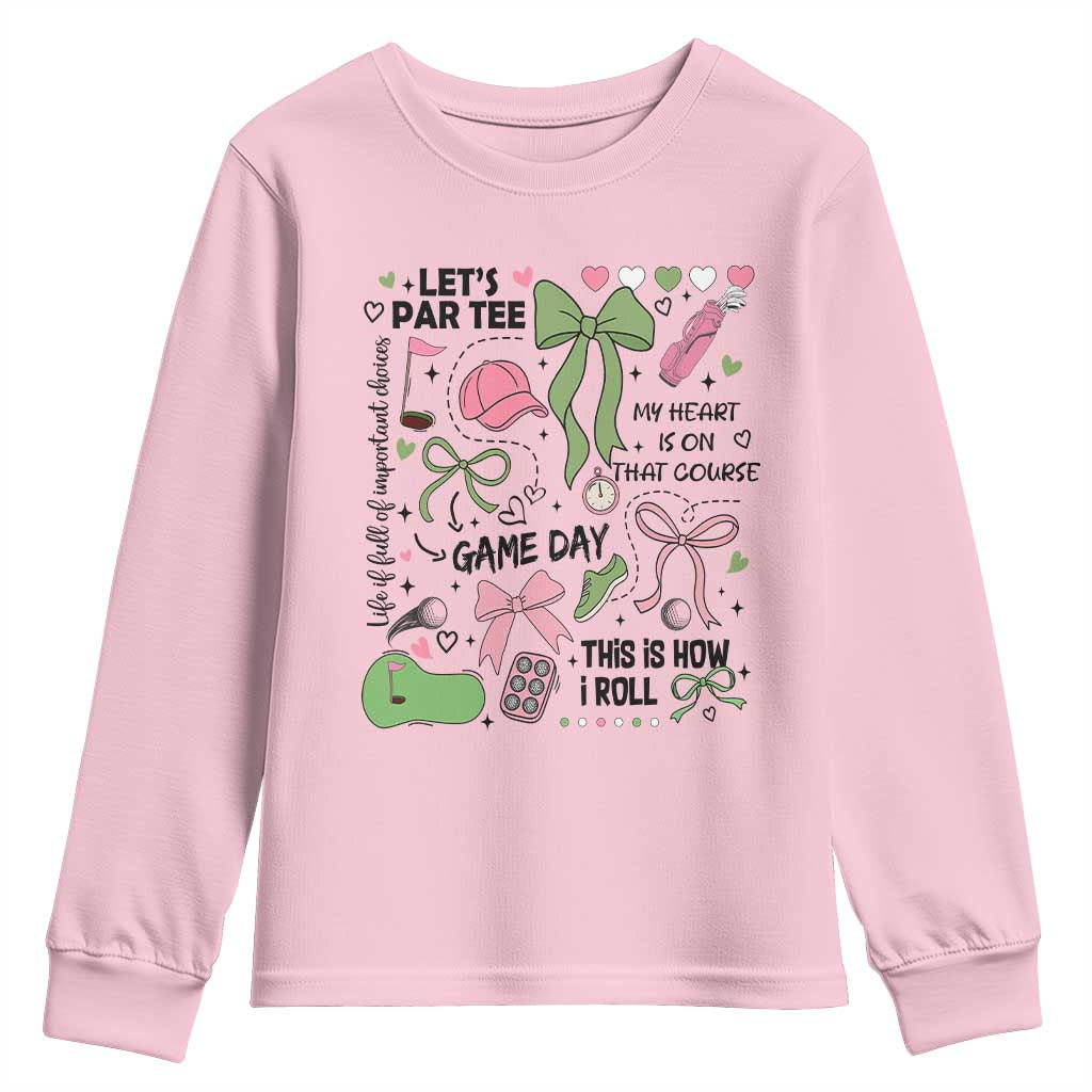Lets Par-tee Coquette Golf Bows Youth Sweatshirt Pink and Green Gear Girls Game Day Golfing Tradition