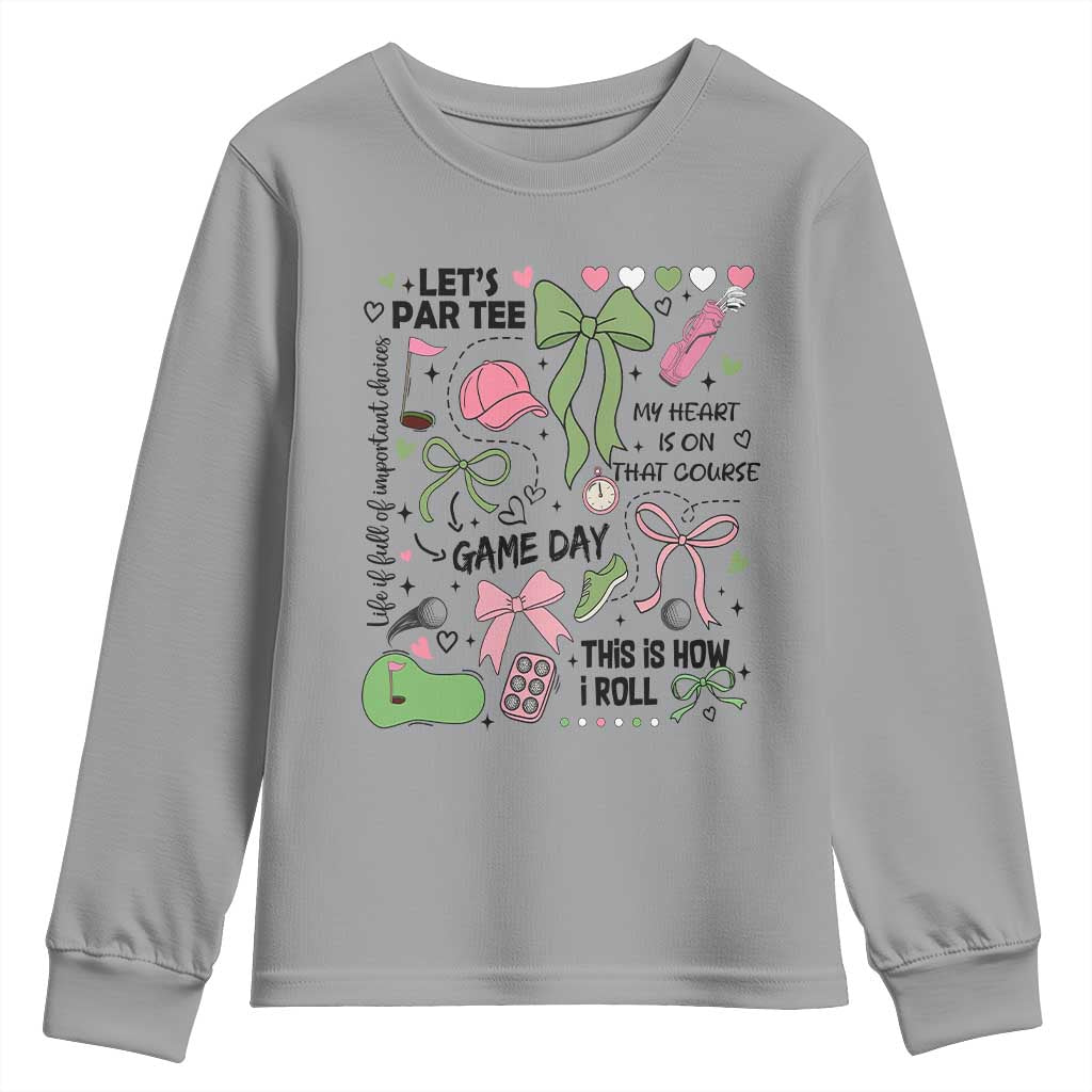 Lets Par-tee Coquette Golf Bows Youth Sweatshirt Pink and Green Gear Girls Game Day Golfing Tradition