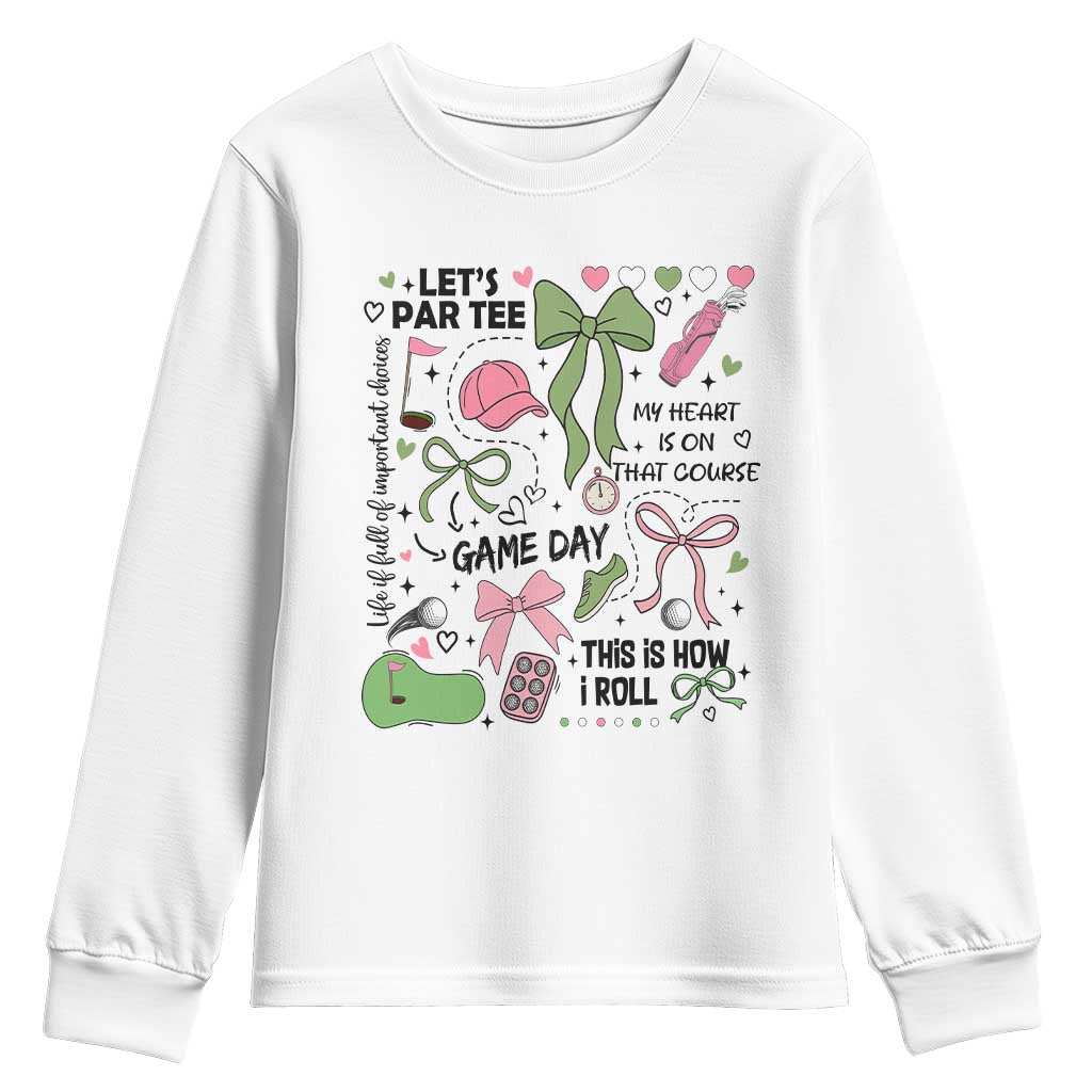 Lets Par-tee Coquette Golf Bows Youth Sweatshirt Pink and Green Gear Girls Game Day Golfing Tradition