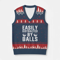 Easily Distracted By Balls Funny Golfer V-Neck Knit Sweater Vest Sarcastic Golfing Humor for Golf Dads n Men