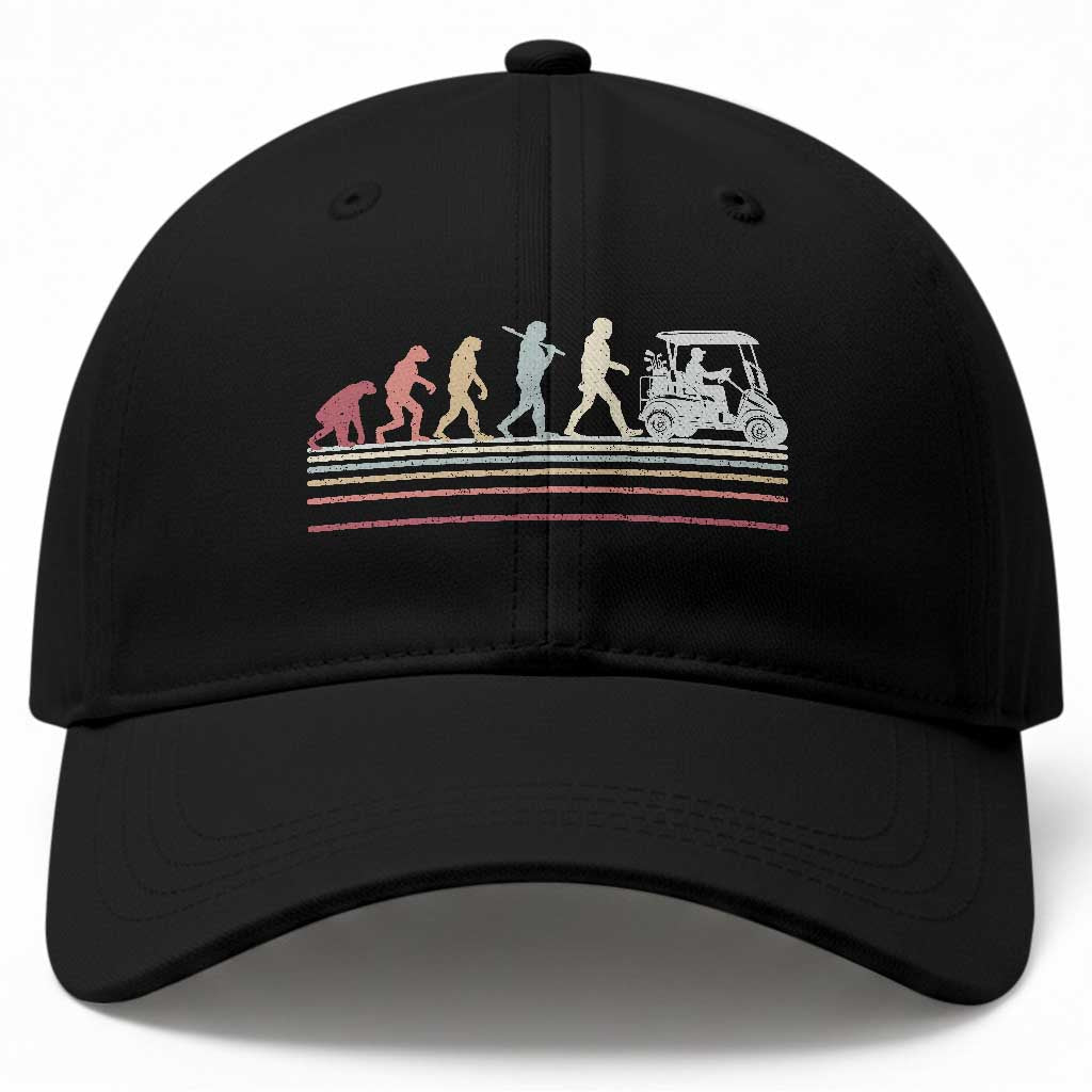 Funny Evolution Of Man To Golf Cart Baseball Cap Vintage Retro Golfing Sports History Gift for Golfers Dads