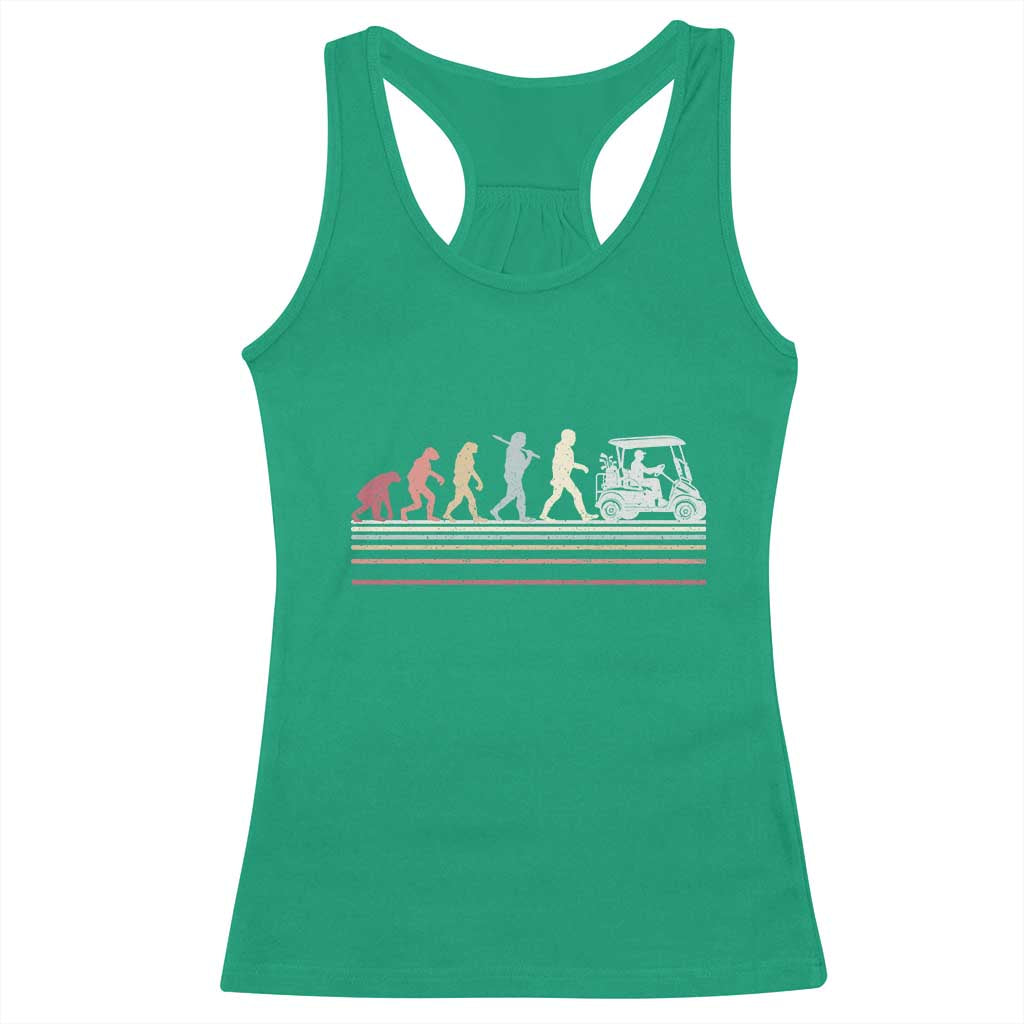 Funny Evolution Of Man To Golf Cart Racerback Tank Top Vintage Retro Golfing Sports History Gift for Golfers Dads