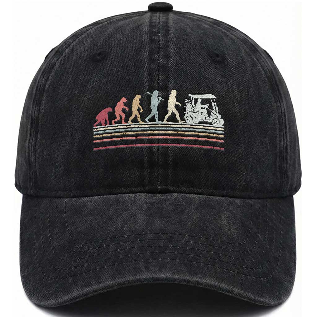 Funny Evolution Of Man To Golf Cart Washed Cotton Baseball Cap Vintage Retro Golfing Sports History Gift for Golfers Dads