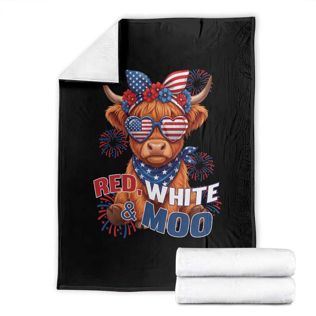 Red White and Moo Funny Patriotic Highland Cow Throw Blanket Cute American Flag Sunglasses and Bandana Summer Fireworks