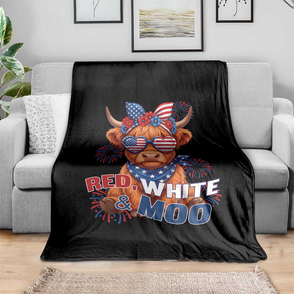 Red White and Moo Funny Patriotic Highland Cow Throw Blanket Cute American Flag Sunglasses and Bandana Summer Fireworks