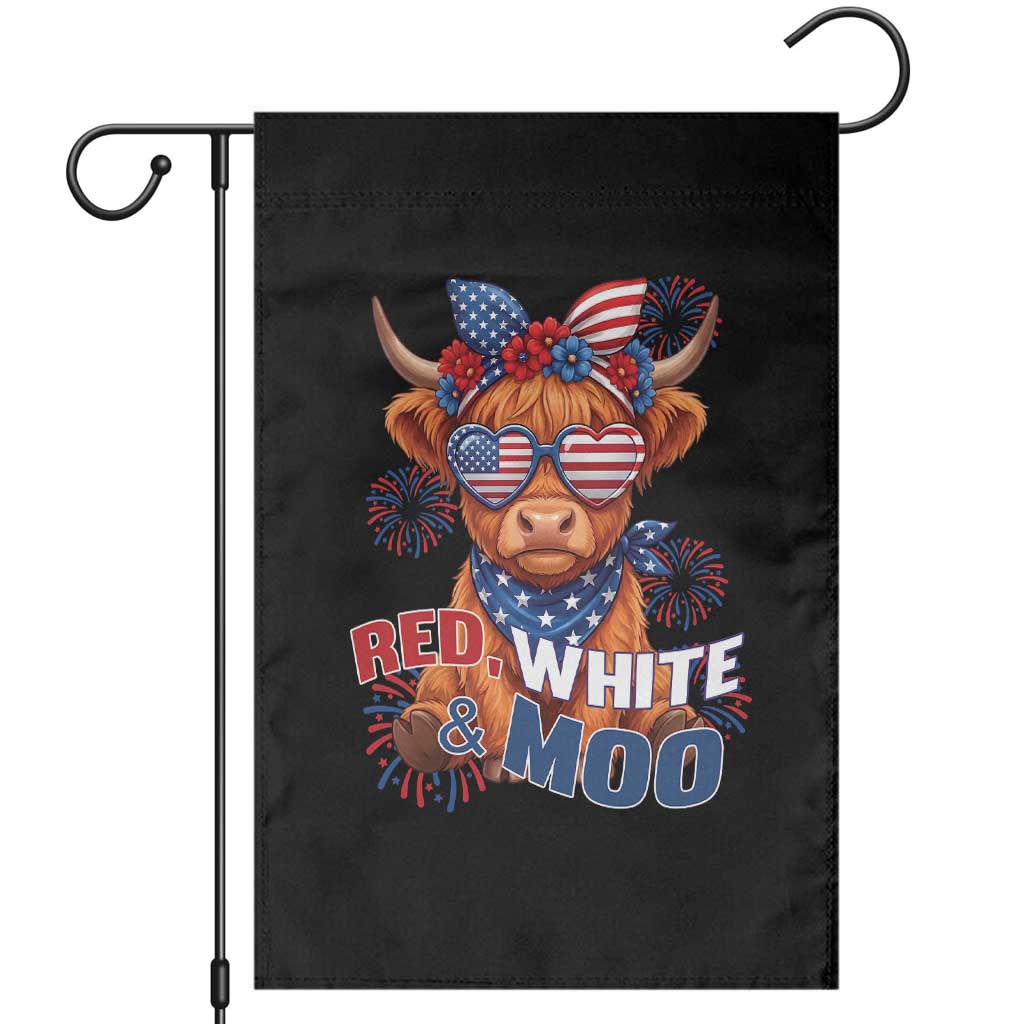 Red White and Moo Funny Patriotic Highland Cow Garden Flag Cute American Flag Sunglasses and Bandana Summer Fireworks