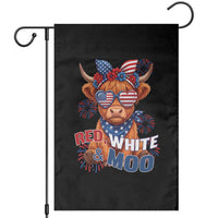 Red White and Moo Funny Patriotic Highland Cow Garden Flag Cute American Flag Sunglasses and Bandana Summer Fireworks