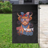 Red White and Moo Funny Patriotic Highland Cow Garden Flag Cute American Flag Sunglasses and Bandana Summer Fireworks
