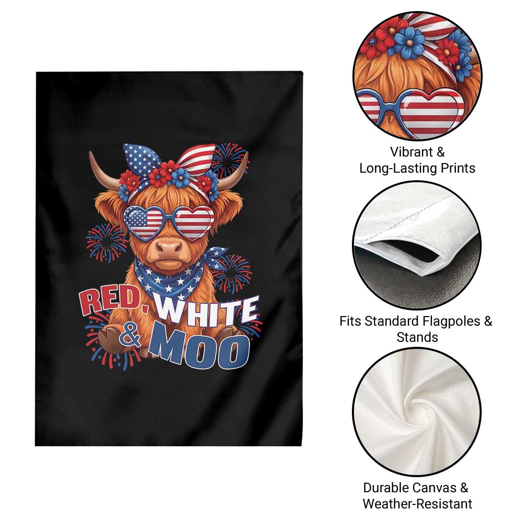Red White and Moo Funny Patriotic Highland Cow Garden Flag Cute American Flag Sunglasses and Bandana Summer Fireworks