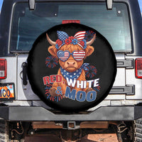 Red White and Moo Funny Patriotic Highland Cow Spare Tire Cover Cute American Flag Sunglasses and Bandana Summer Fireworks