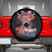Red White and Moo Funny Patriotic Highland Cow Spare Tire Cover Cute American Flag Sunglasses and Bandana Summer Fireworks