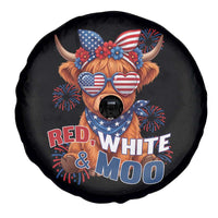 Red White and Moo Funny Patriotic Highland Cow Spare Tire Cover Cute American Flag Sunglasses and Bandana Summer Fireworks