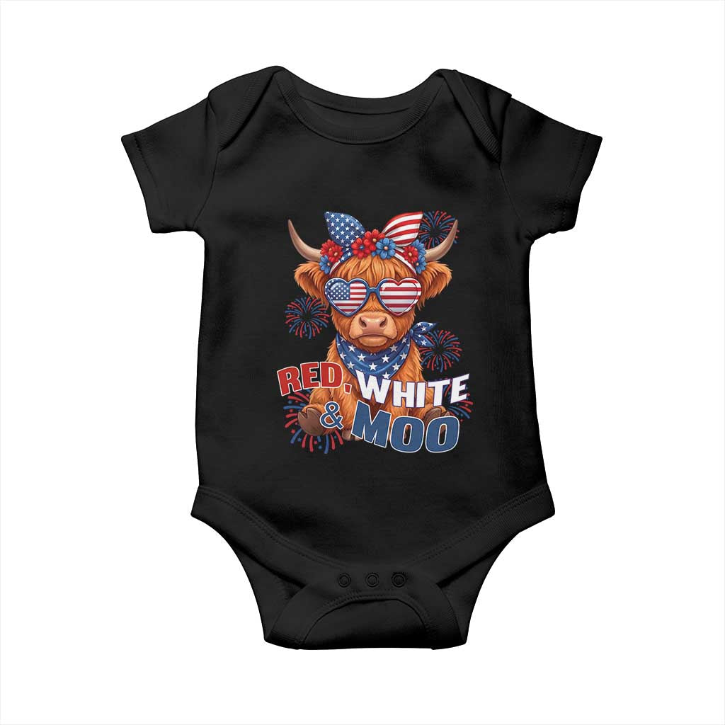Red White and Moo Funny Patriotic Highland Cow Baby Onesie Cute American Flag Sunglasses and Bandana Summer Fireworks