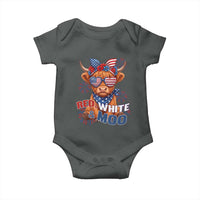 Red White and Moo Funny Patriotic Highland Cow Baby Onesie Cute American Flag Sunglasses and Bandana Summer Fireworks