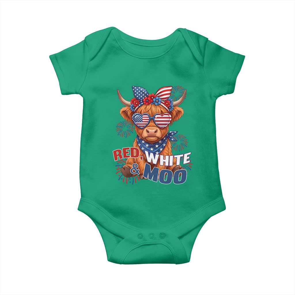 Red White and Moo Funny Patriotic Highland Cow Baby Onesie Cute American Flag Sunglasses and Bandana Summer Fireworks